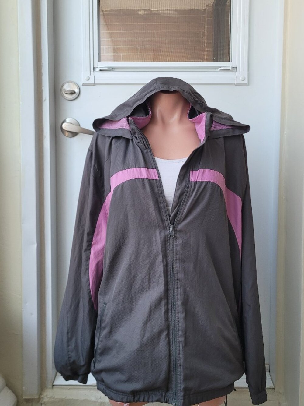 Athletic Works Grey & Pink Gorpcore Hooded Windbreaker